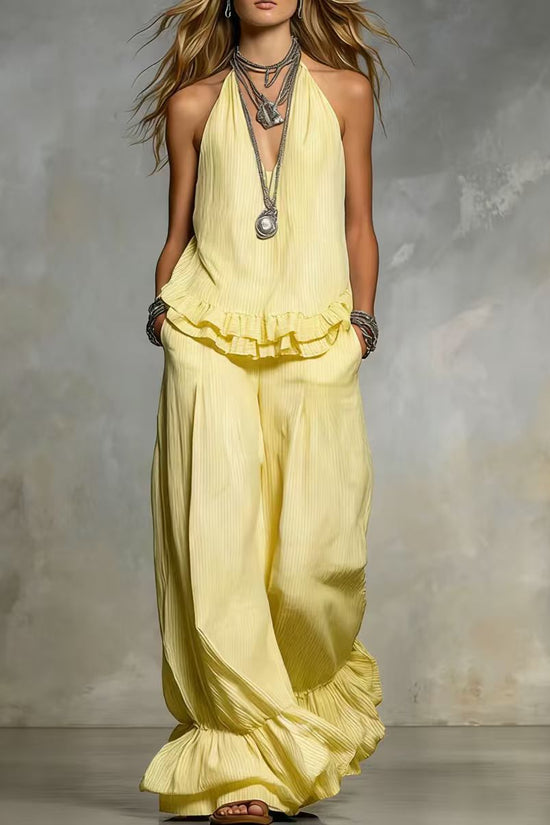 Women's Casual V-Neck Fashionable Ruffle Trim Set 