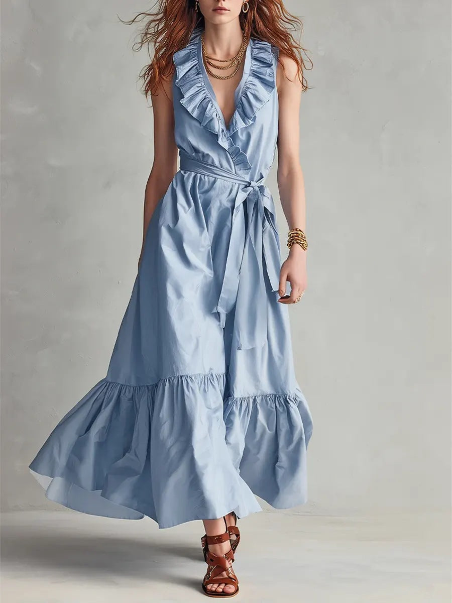 V-neck Sleeveless Lace-Up Panelled Dress 