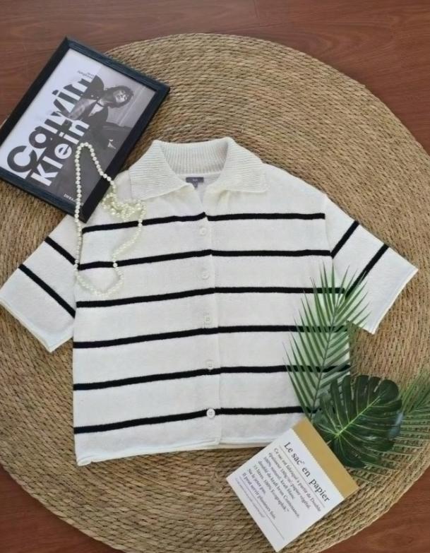 Women’s Knit Button Cardigan with Striped Short Sleeves CJ US