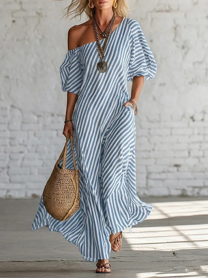 Womens Striped Off-shoulder Dress 