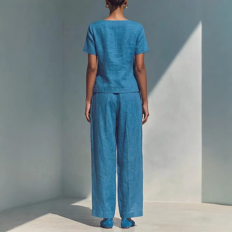 Womens Loose Short-Sleeve Top And High-Waist Pants Two-Piece Set 