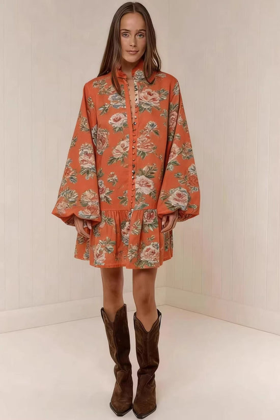 Digital-print Lantern Sleeve Linen Midi Dress 