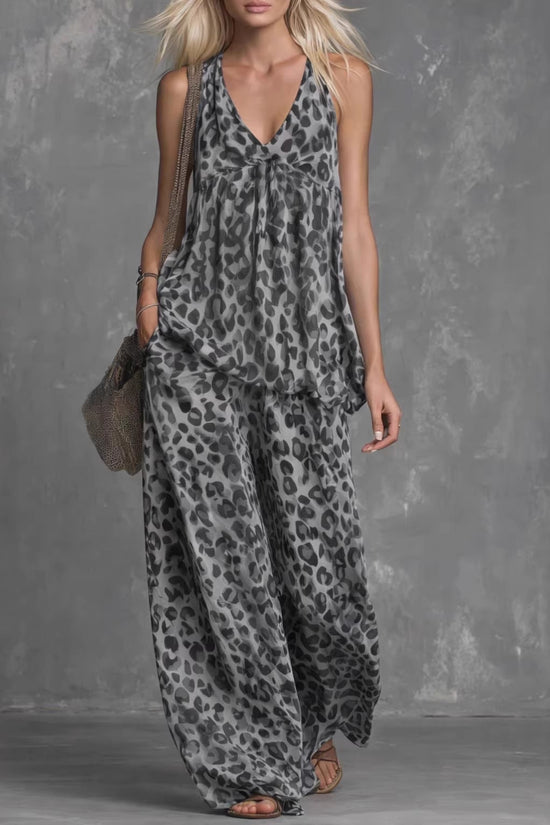 Womens Loose-Fitting Leopard-Print Sleeveless Top And Chiffon Pants Set 