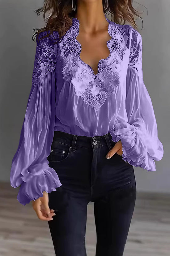 Lace-panelled Ruffled Puff-sleeve Pleated Shirt 