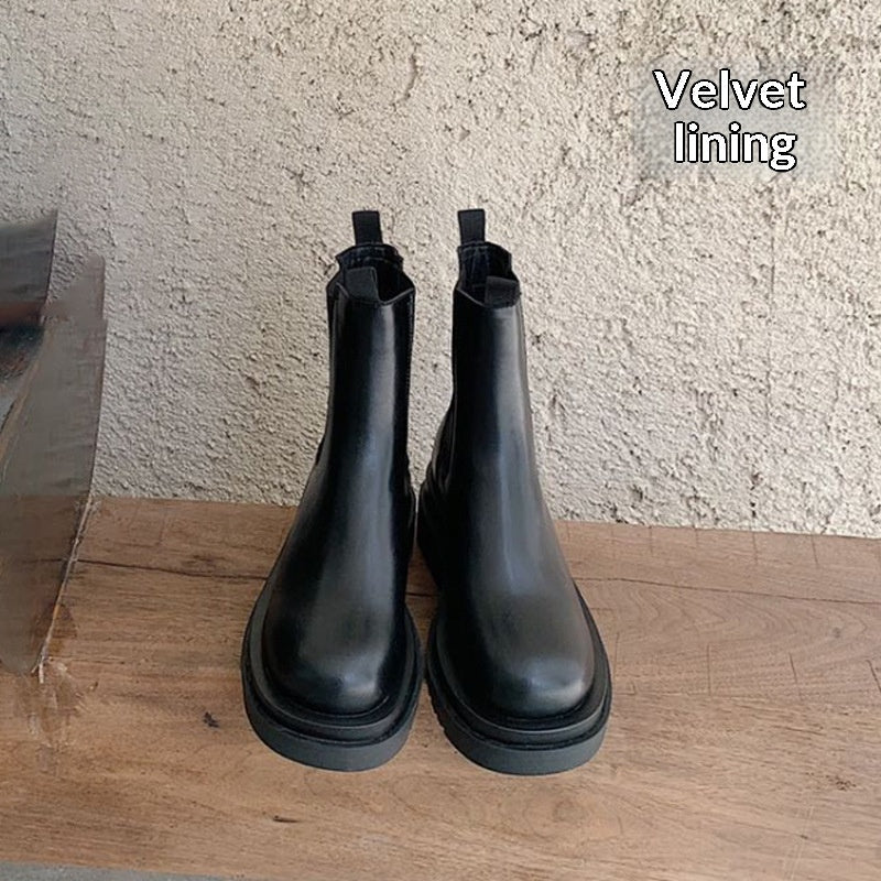 Mid-calf Thick-soled Women's Leather Boots In British Style 