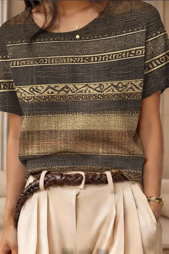 Retro Short-Sleeve Sweater Contrast-Color Jacquard Knit Top 