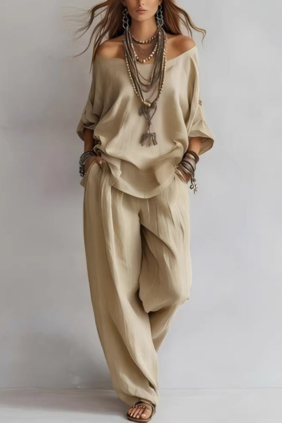 Chiffon Puff-Sleeve Top & Wide-Leg Pants Set – 15 Colors 