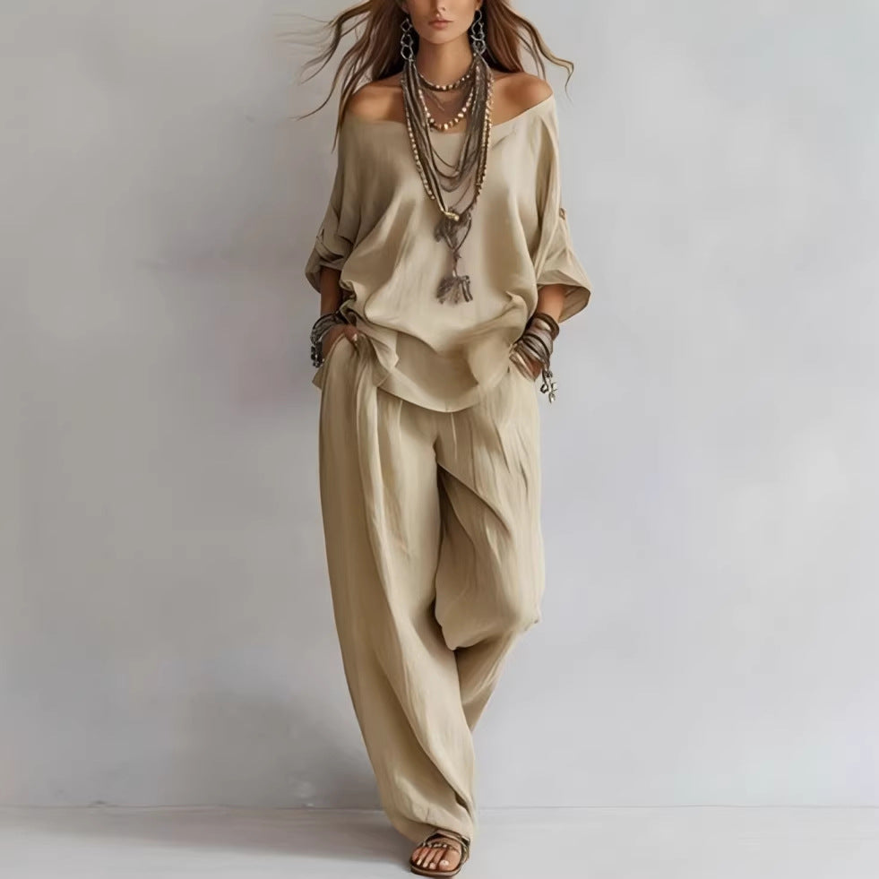 Chiffon Puff-Sleeve Top & Wide-Leg Pants Set – 15 Colors 