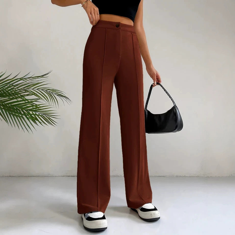 Womens Straight Flare Pants With High-Waisted Stitching Details 