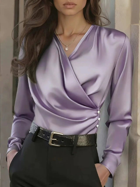Women's Elegant Cross V-Neck Blouse, Ruffle Detail Button Accent Office Shirt 