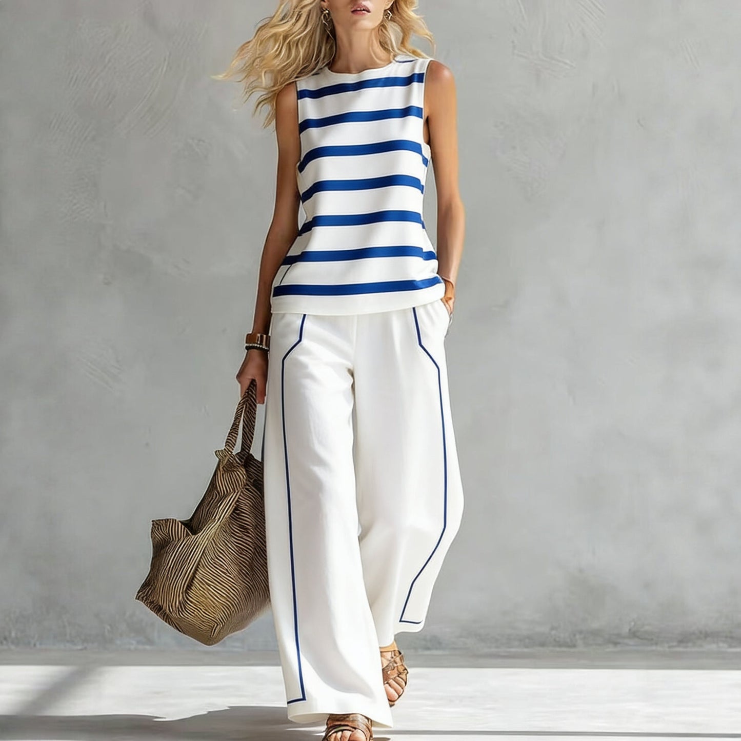 Women's Casual Sleeveless Printed Wide-Leg Pants Two-Piece Set 