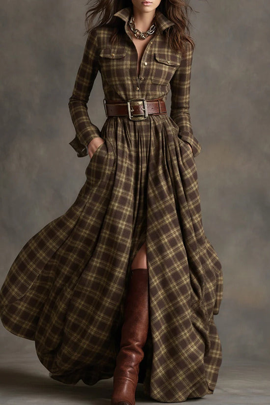 Ins Plaid Print Long-Sleeved Dress Fashion Pockets Collared Buttons Shirt Long Dresses Retro Women's Clothing 