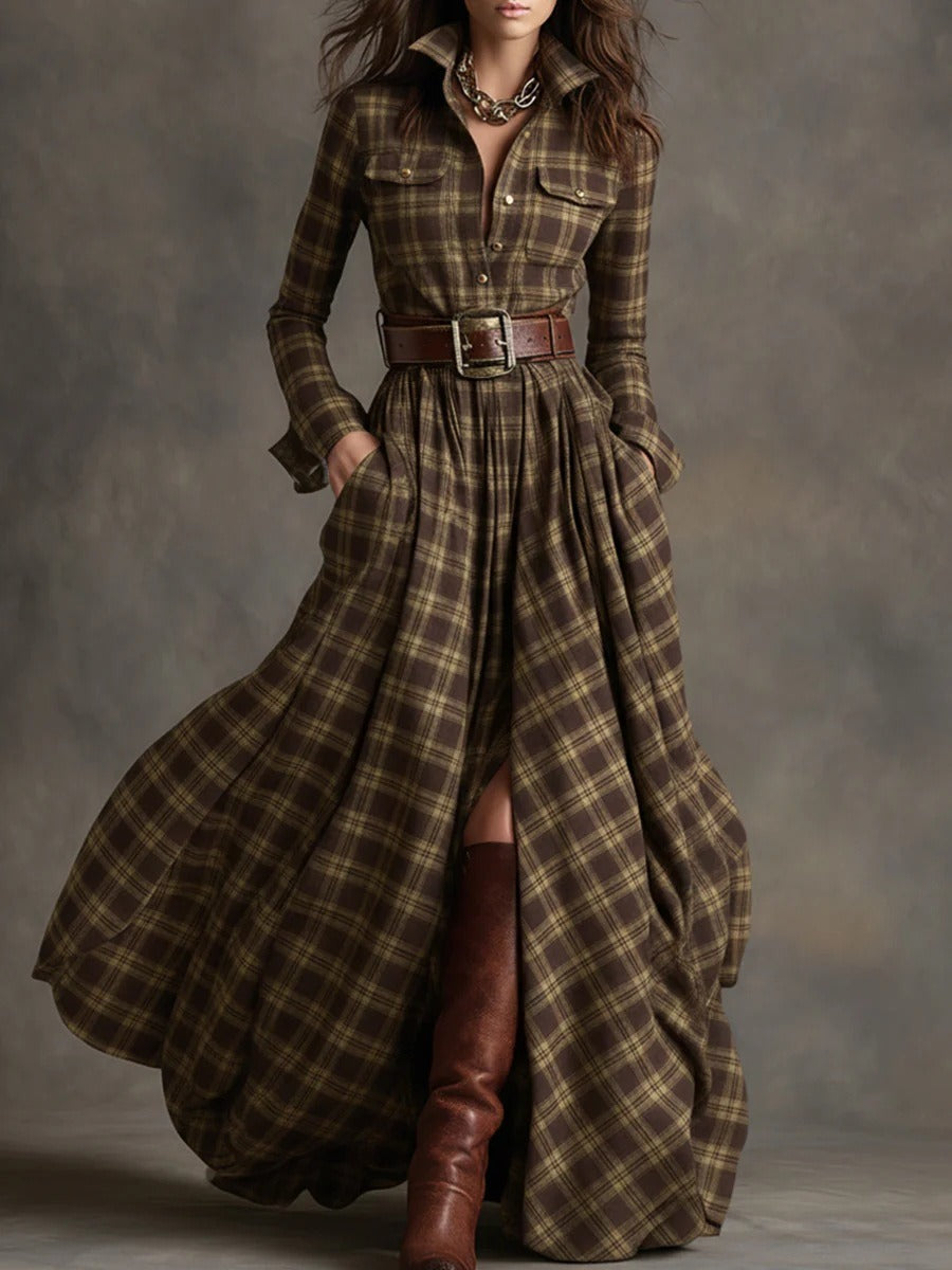 Ins Plaid Print Long-Sleeved Dress Fashion Pockets Collared Buttons Shirt Long Dresses Retro Women's Clothing 