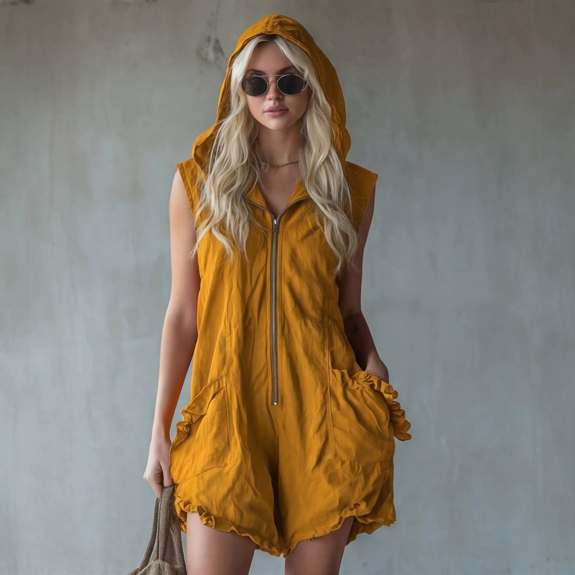 Retro-style Hooded Zip-up Sleeveless Cropped Cotton-linen Jumpsuit 
