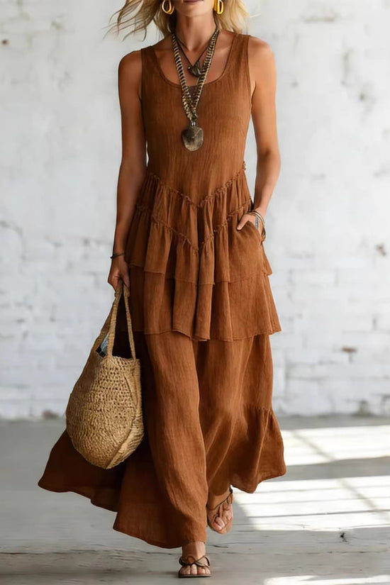 Cotton-linen Loose-fit Maxi Dress With A Sleeveless Design 