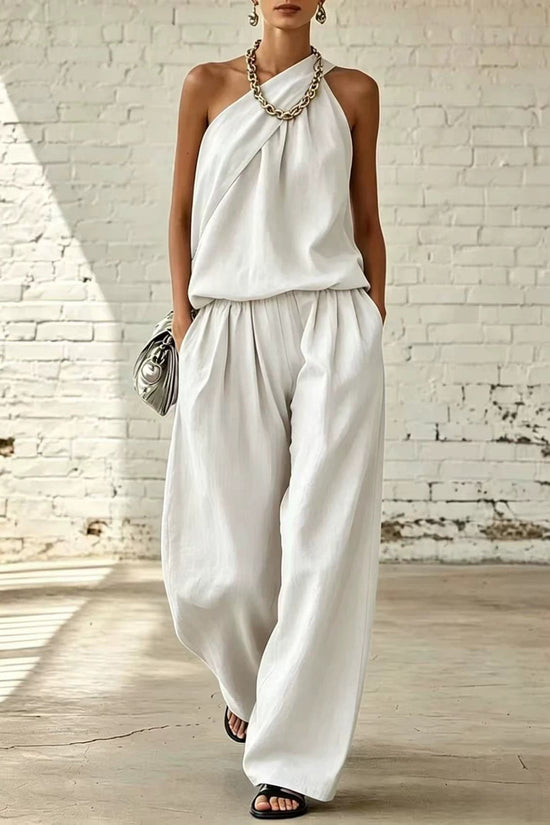 Cotton-linen Sleeveless Double-layer Top And Wide-leg Pants Set 