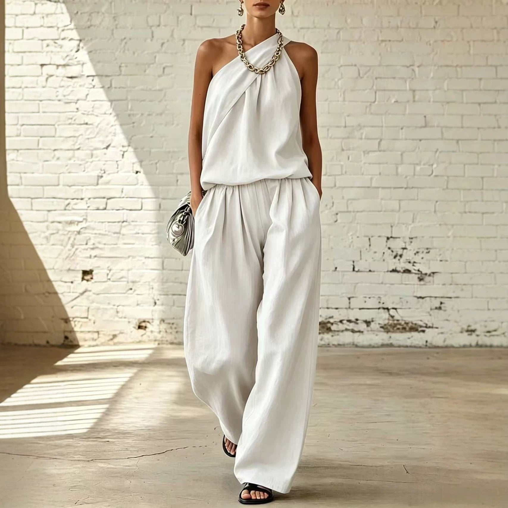 Cotton-linen Sleeveless Double-layer Top And Wide-leg Pants Set 