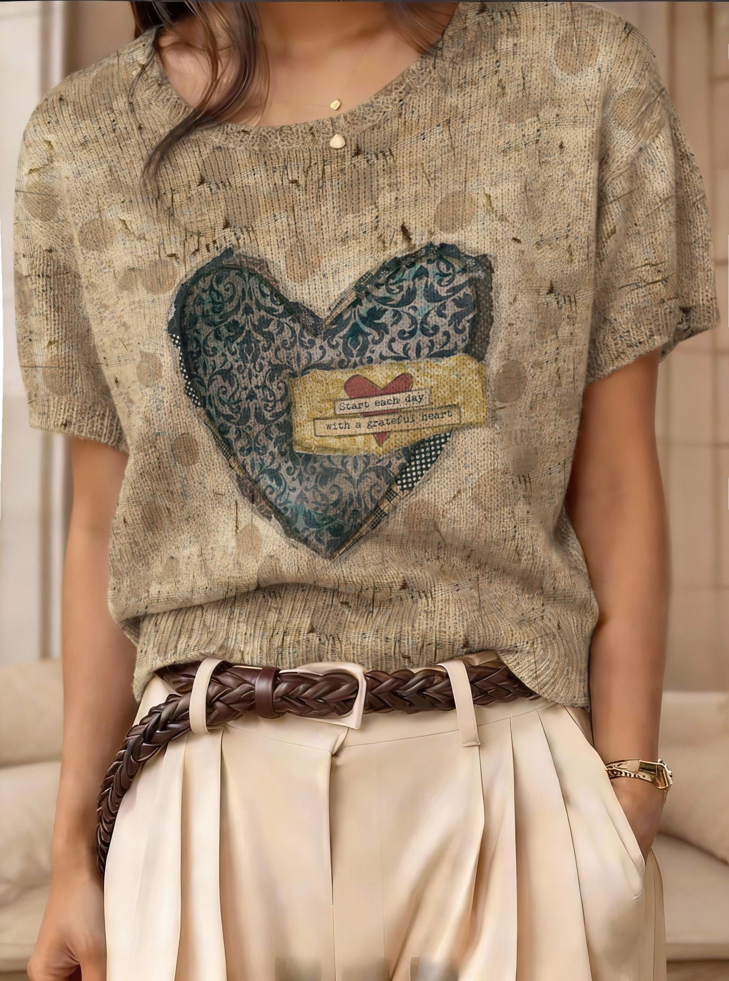Retro Short-Sleeve Sweater Contrast-Color Jacquard Knit Top 