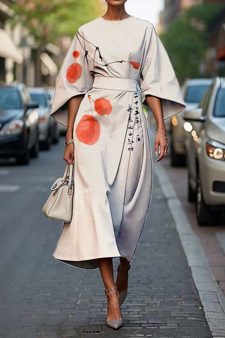 Women's Elegant Geometric Print Batwing Sleeve Round Neck Maxi Dress 