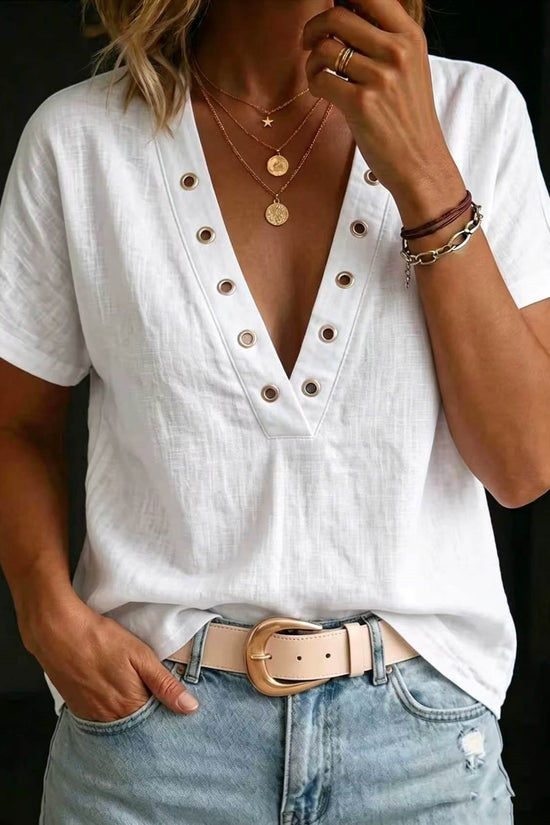 Loose-fitting Casual V-neck Short-sleeve Solid-color Womens Shirt 