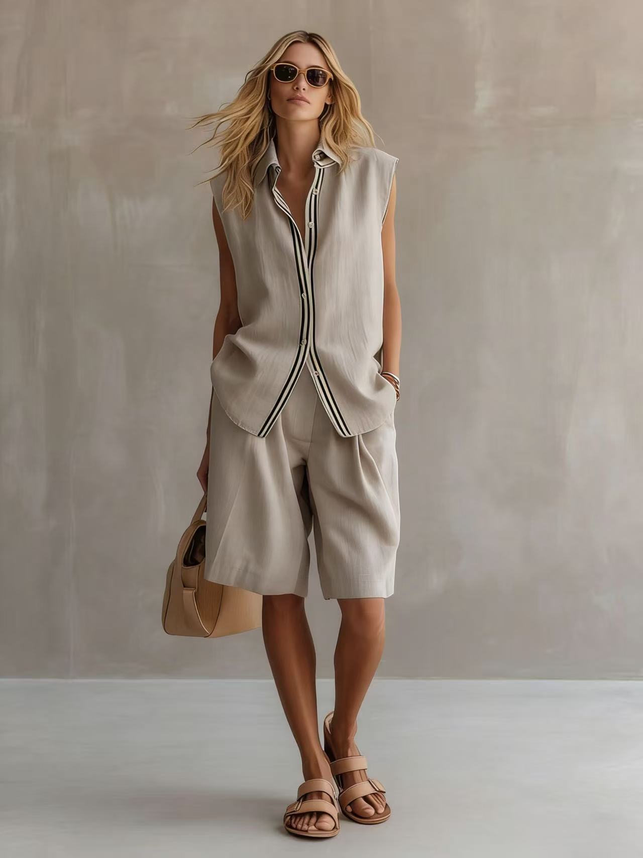 Single-breasted Sleeveless Linen Shirt And Shorts Set 