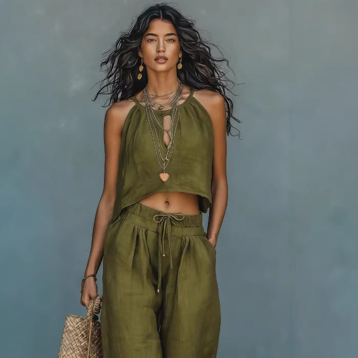 Women's Sleeveless Tank Top And Wide-Leg Pants Set 