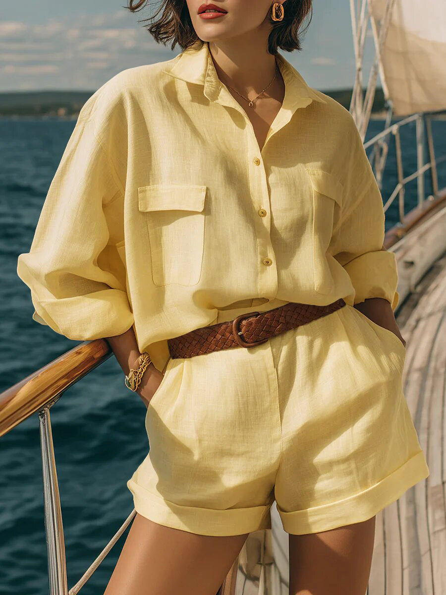 Cotton-linen Loose-fit Button-down Shirt And Shorts Fashion Casual Set 