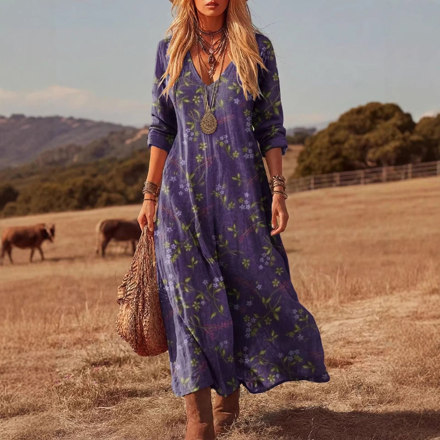 Personalized Retro Chic V-Neck Long-Sleeve Dress 