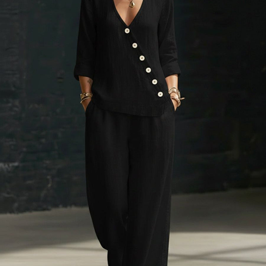 Loose-fitting V-neck Cross-over Shirt And Wide-leg Pants 
