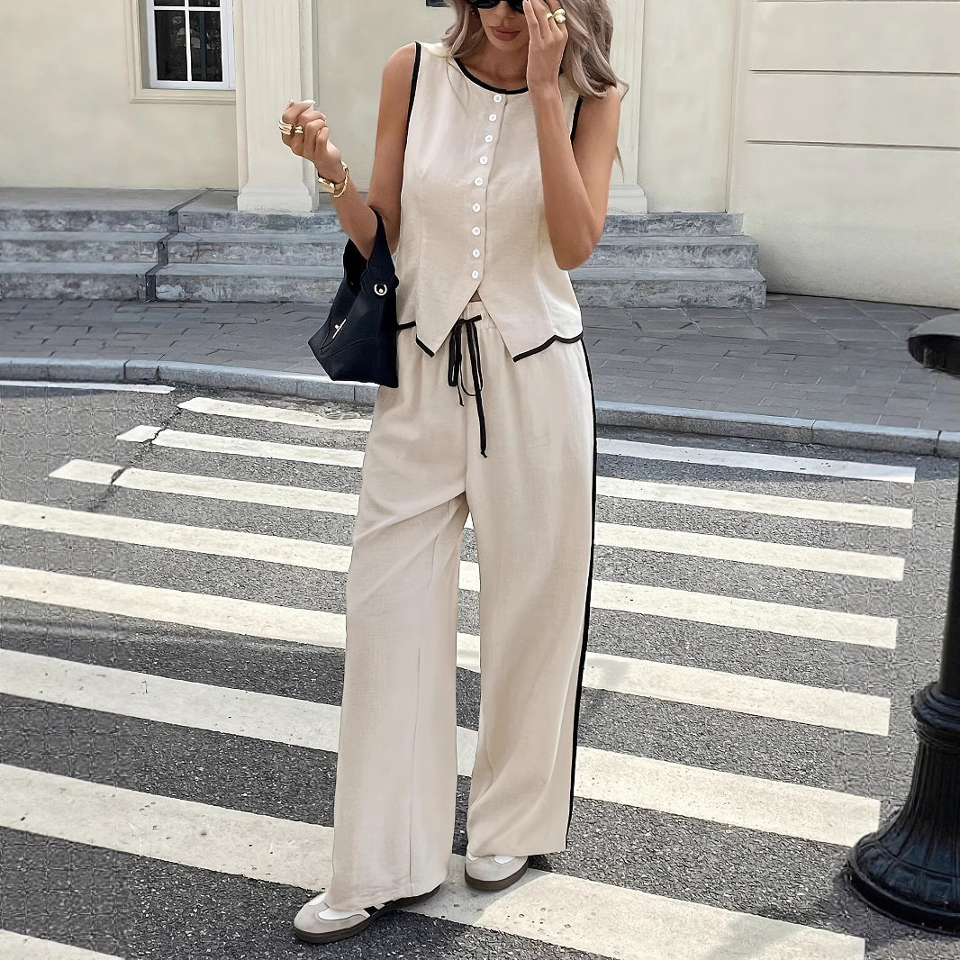Women's Contrast Color Sleeveless Single-breasted Vest And Drawstring Trousers Suit 