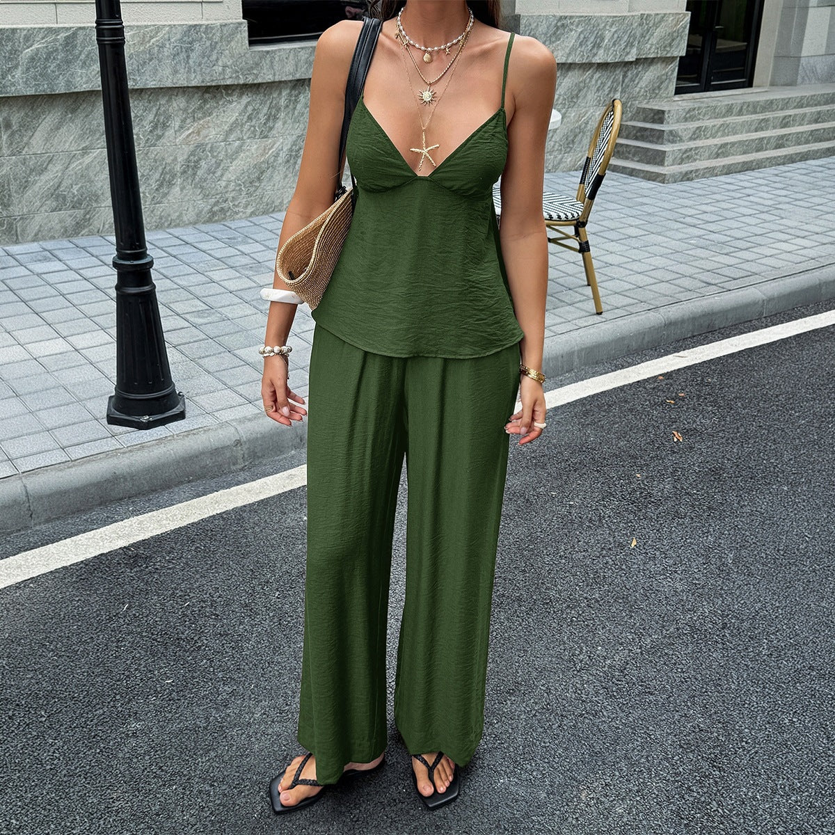 SpringSummer Resort-Style Camisole T-shirt And Pants Womens Outfit Set 