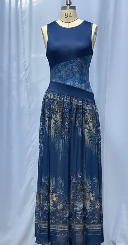 Women's Navy Blue Artistic Print Sleeveless Fitted Bodice Swing Maxi Dress 